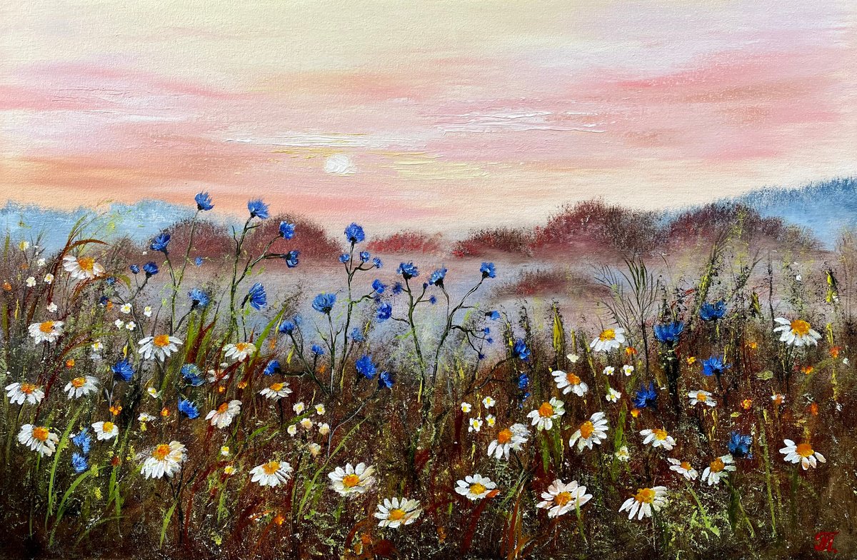 Pink sky and meadow flowers by Tanja Frost