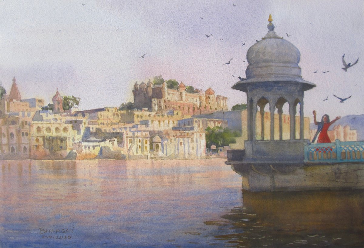 Impressionistic Landscape Watercolour By Bhargavkumar Kulkarni, 19 X 13, Udaipur Lake View, Original Artwork