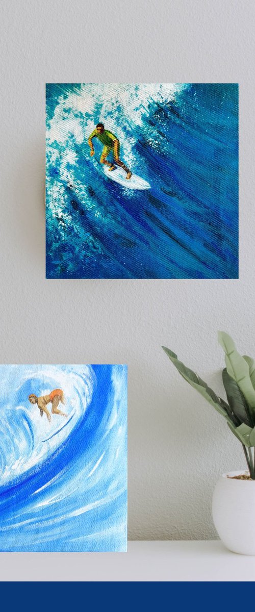 Set of Two Surfers in the blue sea by Asha Shenoy