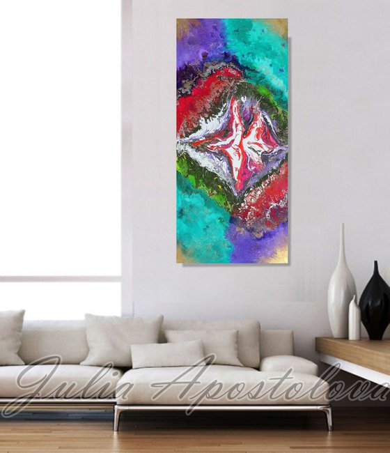 Abstract Painting, Huge Original Contemporary Art, Large Floral Abstraction, Ready to hang, Turquoise, Lilac, Pink, Gold, Silver, Red, Green, White, Multicolor, Modern Wall Decor ''The Power Inside You''