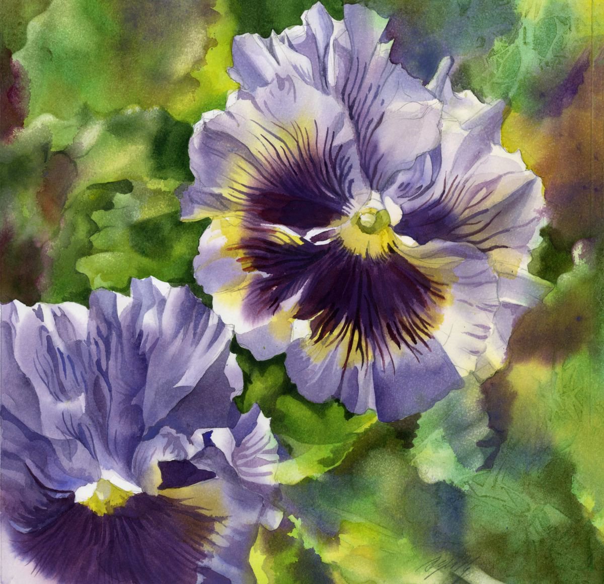 Impressionistic Botanical Watercolour By Alfred Ng, 15 X 15, Blue Pansy, Original Artwork