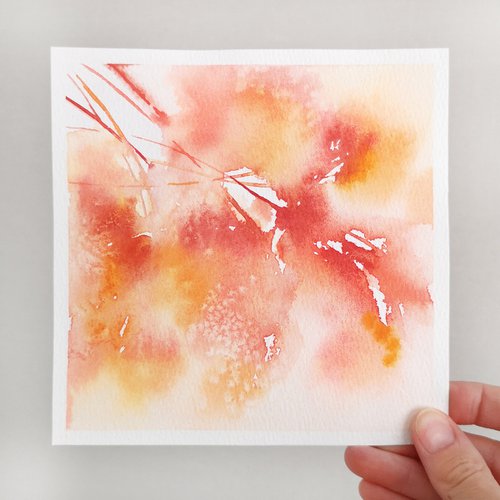 Orange abstract flower bouquet, watercolor miniature painting by Olga Grigo