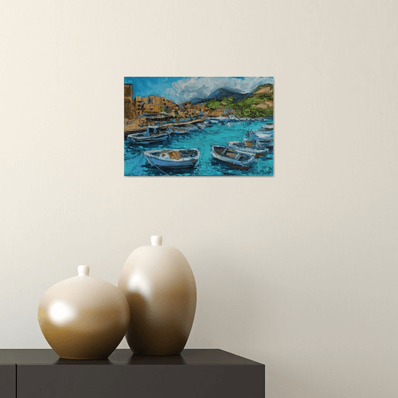 Beach towns in Tuscany oil painting blue ocean landscape wall decor 7x11"
