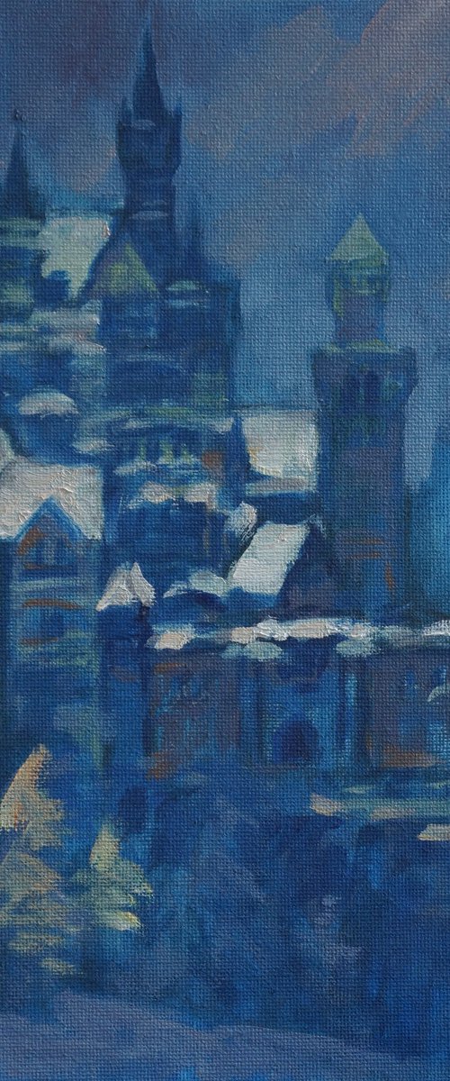 Original Oil Painting Wall Art Signed unframed Hand Made Jixiang Dong Canvas 25cm × 20cm Landscape Winter at Neuschwanstein Castle Germany Small Impressionism Impasto by Jixiang Dong