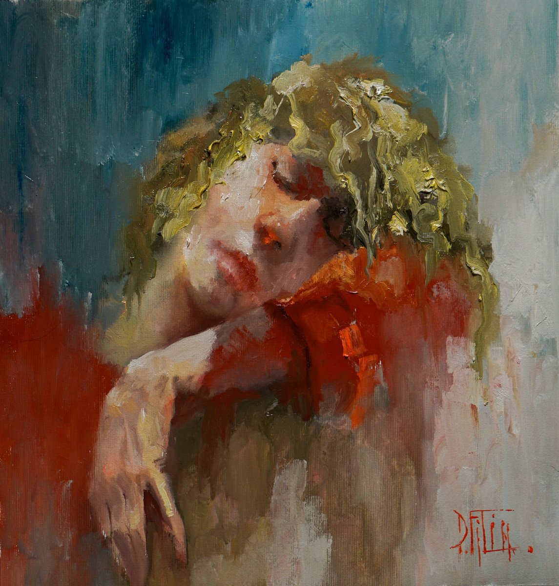Impressionistic Portrait Oil Painting By Pavel Filin, 12 X 13", Sleeping, Original Artwork