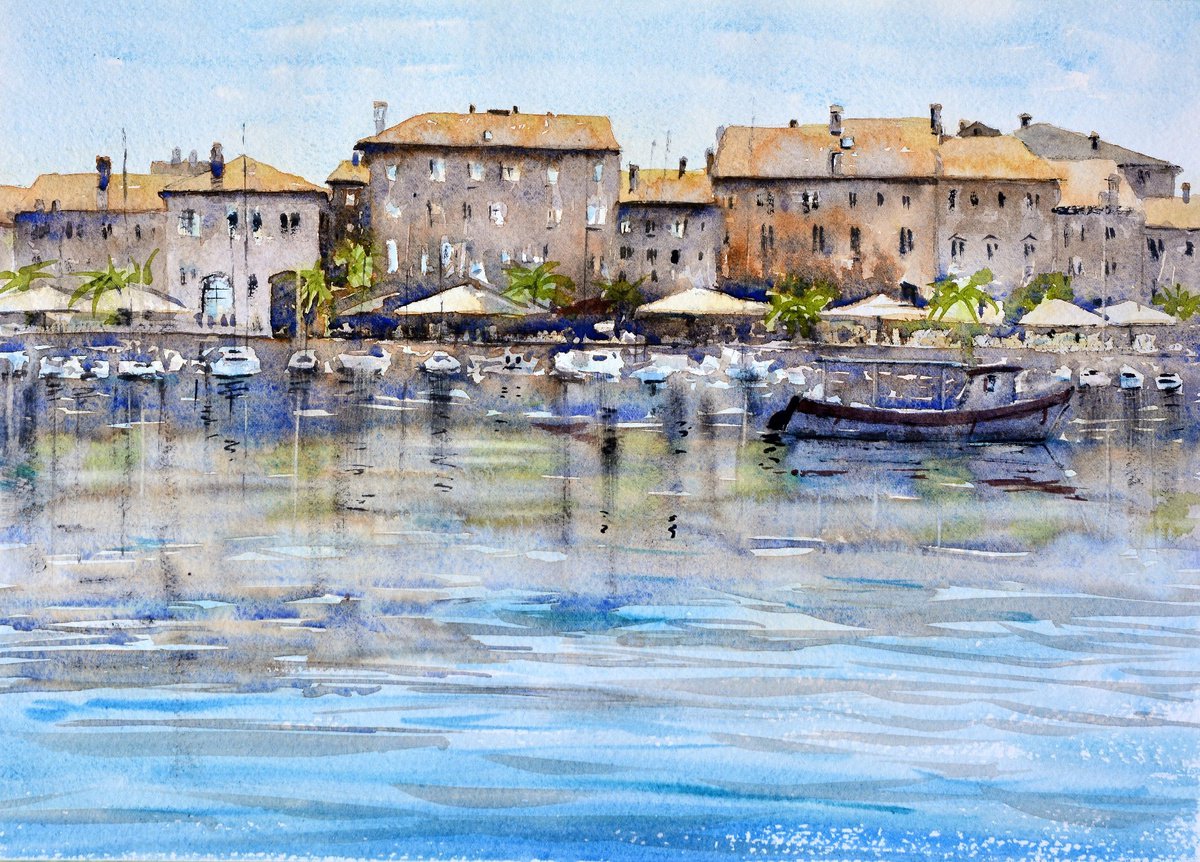 Boat line at high sun Rovigno Croatia 25x36cm 2022 by Nenad Kojic watercolorist