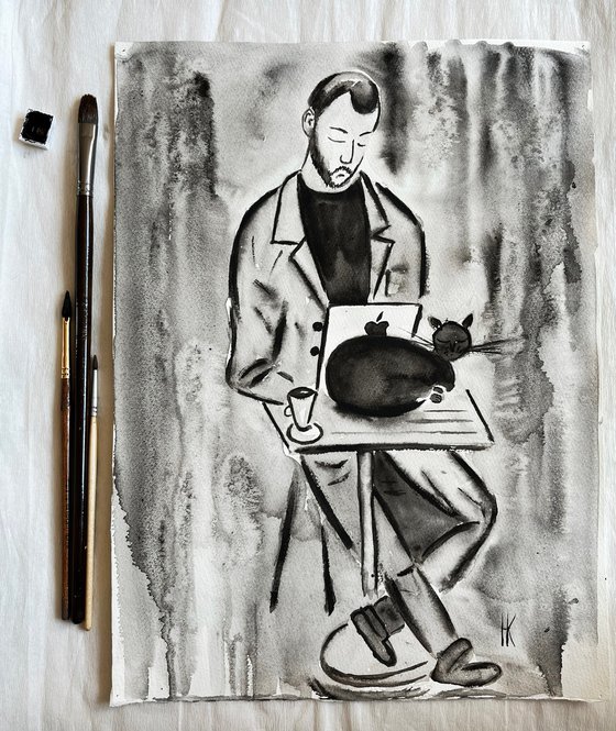 Man and Cat. Morning Coffee with the Best Friend. Original Watercolor Painting