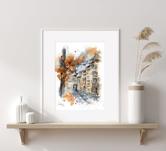 Architecture Sketch - Street and Autumn tree