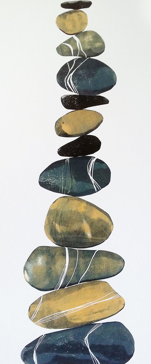 Zen stones - Twelve stones #4  ( banded balancing stones lino/monoprint) by Carolynne Coulson