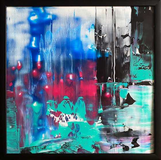 "Tokyo City Lights" - Original PMS Abstract Acrylic Painting On Plexiglass, Framed - 26" x 26"