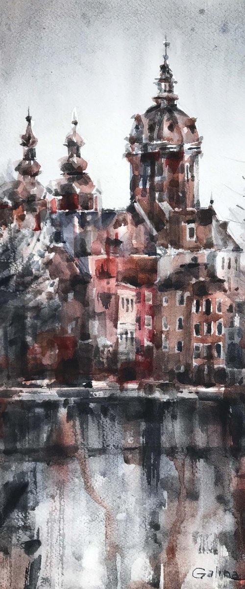 Winter channel. Amsterdam. one of the kind, original painting, watercolour. by Galina Poloz