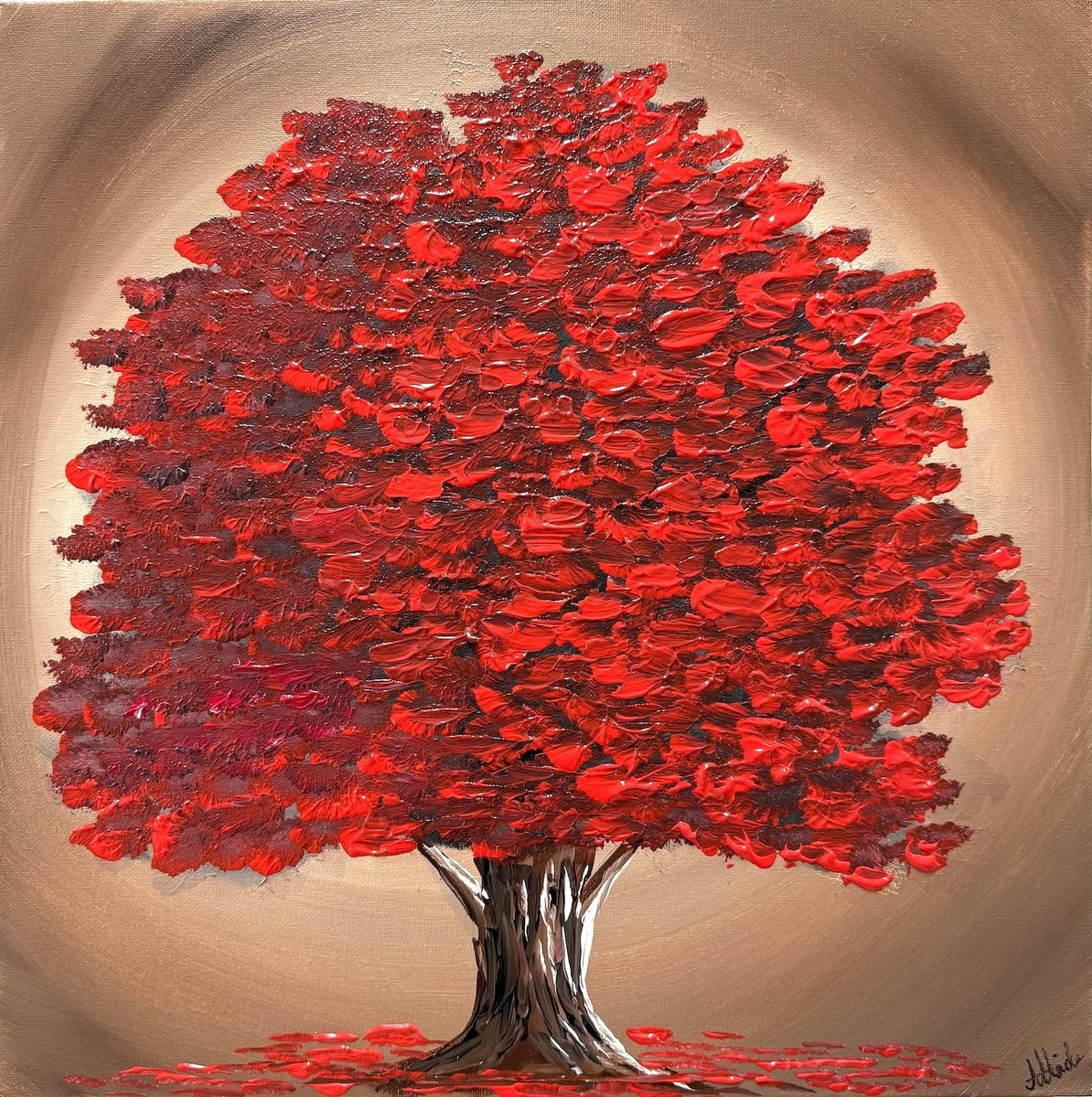 Impressionistic Landscape Acrylic Painting By Aisha Haider, 20 X 20, Rich Red Tree, Original Artwork
