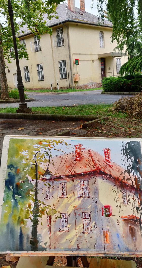 Hungarian post office (2019) | Original Hand-painted Art Small Artist | Mediterranean Europe Impressionistic