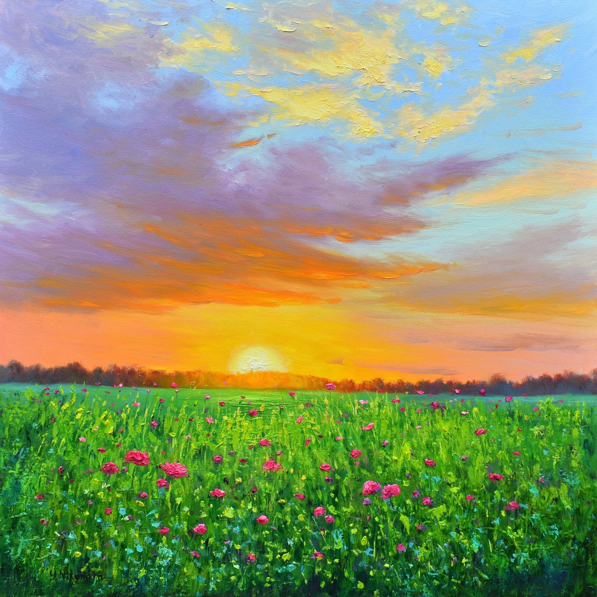 Impressionistic Landscape Oil Painting By Yulia Nikonova, 24 X 24", Sundown, Original Artwork