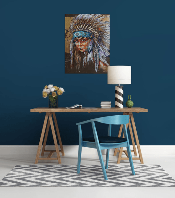 Portrait native american woman - portrait abstract girl, headdress feathers birds