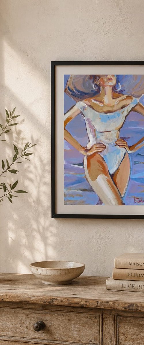 Girl on the beach in a retro swimsuit by Iryna Tymkul