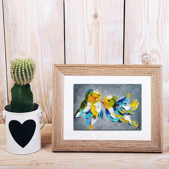 Little love -  birds, birds love, animals oil painting, art bird, Impressionism, palette knife, gift.