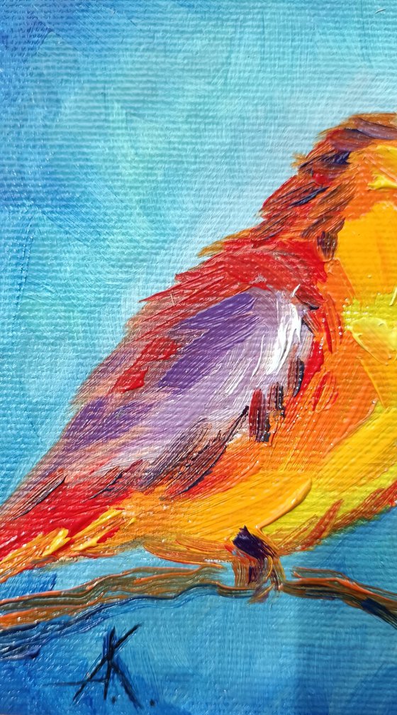 Orange birds - oil painting, bird, love, birds in love, birds oil painting, gift, bird art, art bird, animals oil painting