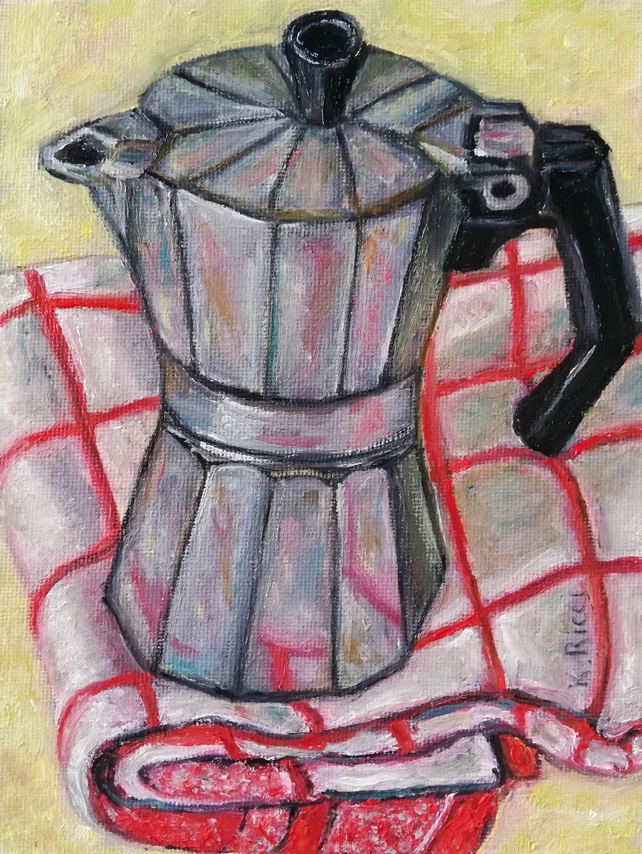Impressionistic Still Life Oil Painting By Katia Ricci, 6 X 8", Coffee Maker Moka On Cloth, Original Artwork