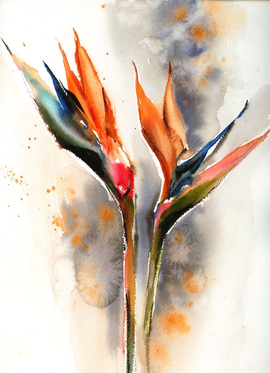 Impressionistic Animal Watercolour By Sophie Rodionov, 9 X 12", Bird Of Paradise Florals, Original Artwork