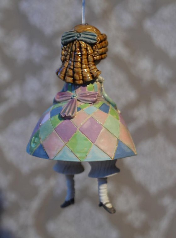 Vintage girl with a teapot. Mini sculpture, unique ceramic bell doll.