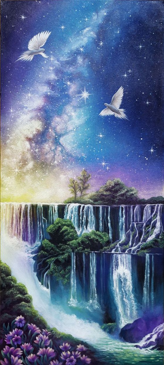 "Valley of the stars", valley painting, landscape art, waterfalls painting, birds in flight