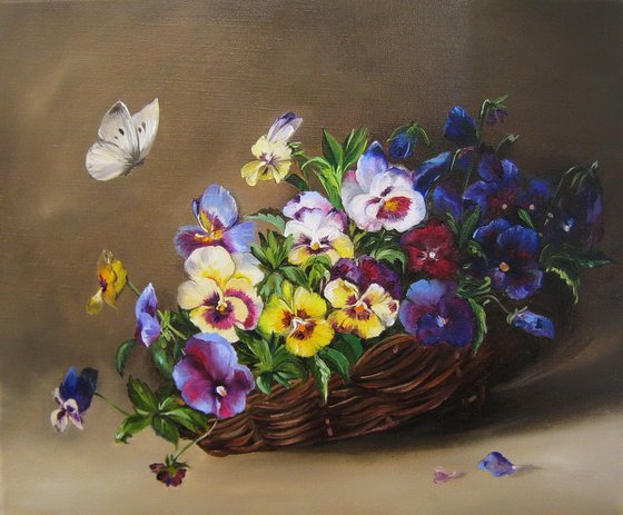 Violas in a rustic basket