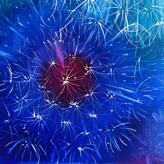 BLUE SPACE - Dandelions. Abstraction. Botanical. Pink. Indigo. Umbrella dandelions. Openwork. Macro flowers. Ultramarine.