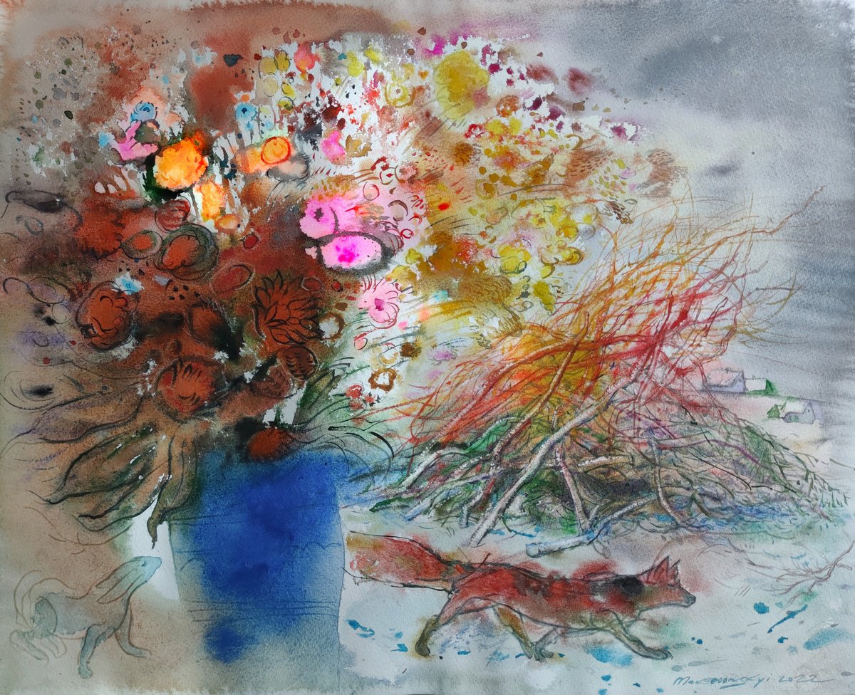 Impressionistic Botanical Watercolour By Pavlo Makedonskyi, 25 X 19", Brushwood, Original Artwork
