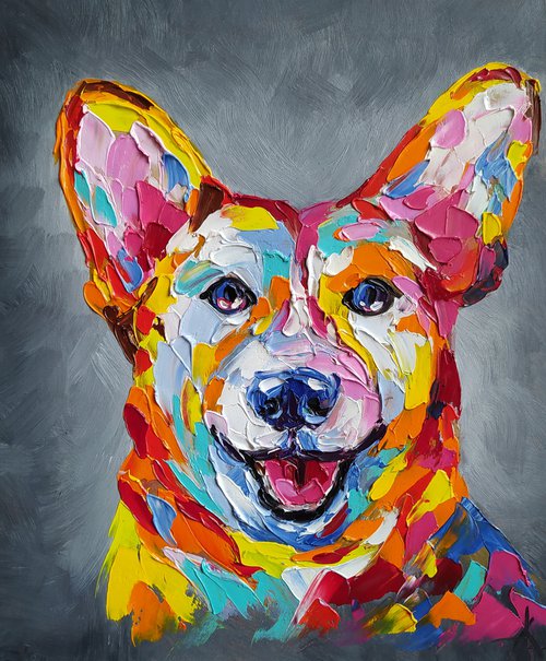 Сorgi -  funny pet, dog, corgi dog, dogs, corgi face, pet oil painting, dog, dog face, dog oil painting by Anastasia Kozorez
