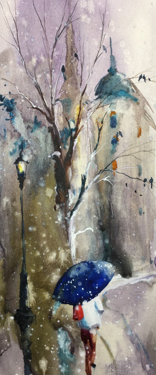 Watercolor “Suddenly snow” perfect gift by Iulia Carchelan