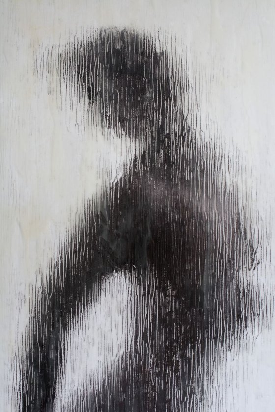 "Resignation" (80x35x2,5cm) - Unique portrait artwork on wood (abstract, portrait, gouache, original, painting, coffee, acrylic, oil, watercolor, encaustics, beeswax, resin, wood, fingerpaint)