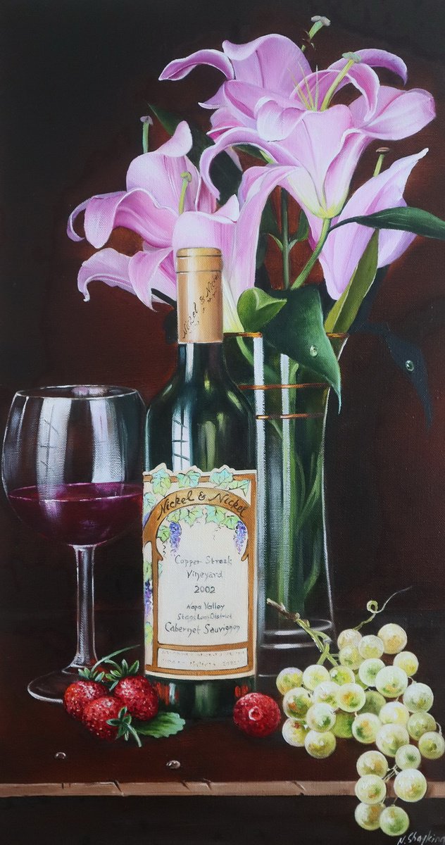 Photorealistic Oil Painting , Pink Lilies And Red Wine By Natalia Shaykina, 12 X 22, Artwork For Sale On Artfinder