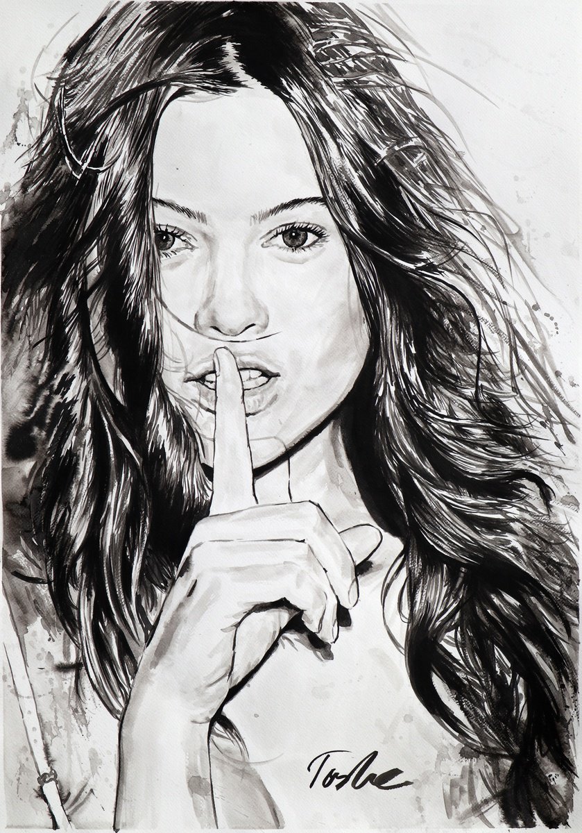 Urban And Pop Portrait Ink Drawing By Tashe, 21 X 30", "Silence", Original Artwork