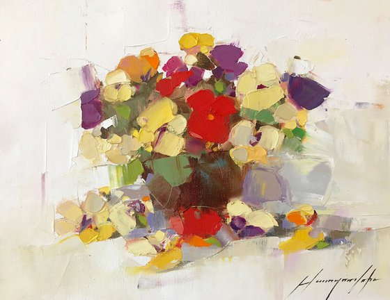 Pansies, Oil painting by Palette Knife, One of a kind, Handmade artwork