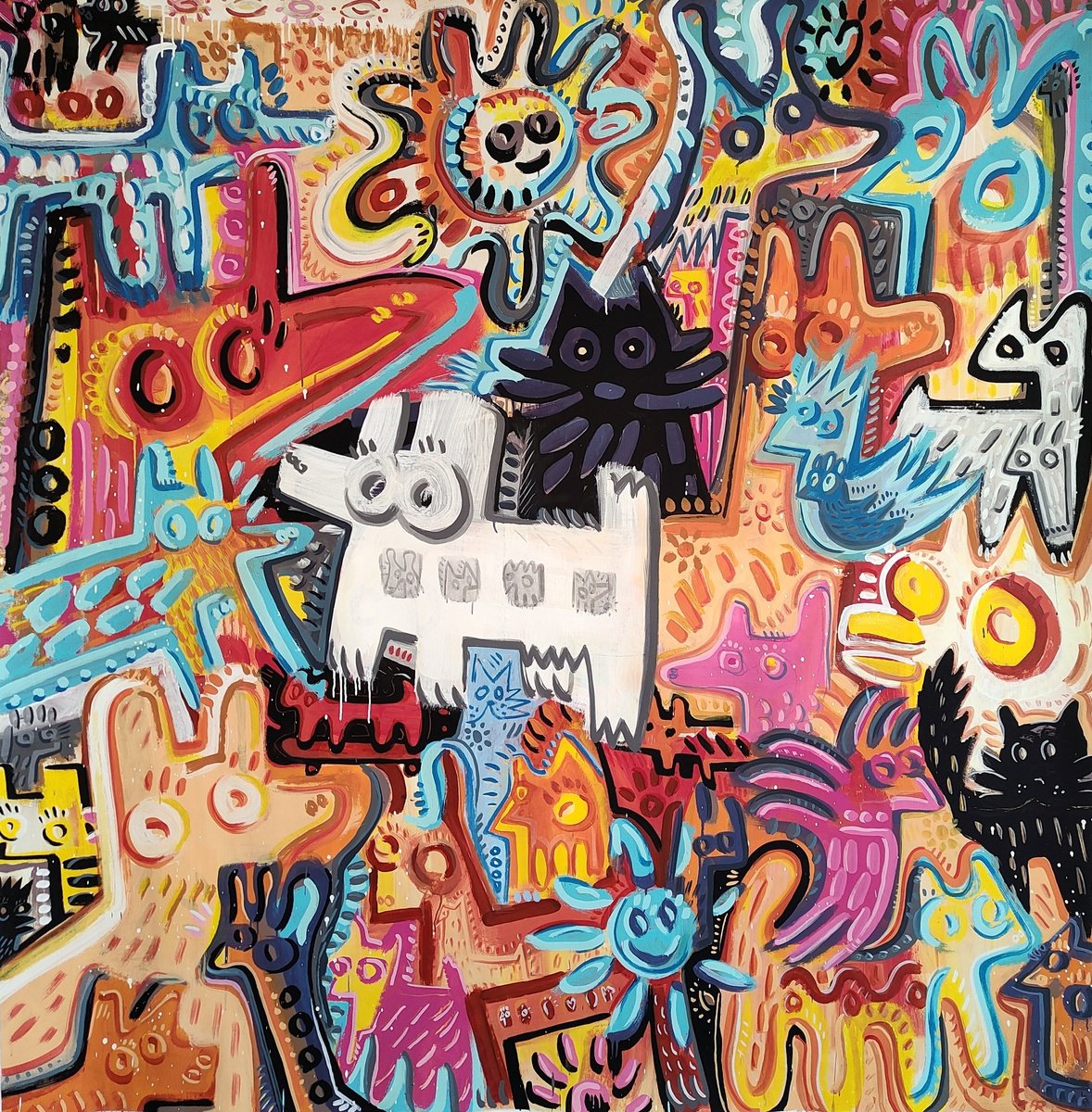 Naive Animal Acrylic Painting By Angel Rivas, 79 X 77, Natural Diversity, Original Artwork