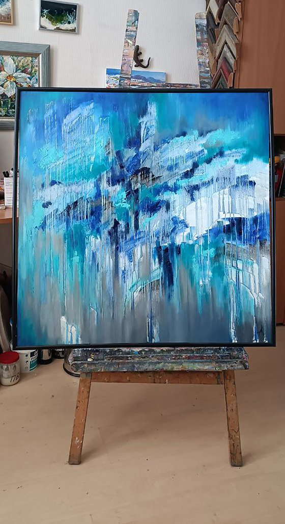 Blue Lagoon - abstraction, oil, original oil painting on canvas, drips painting, blue colors, impressionism