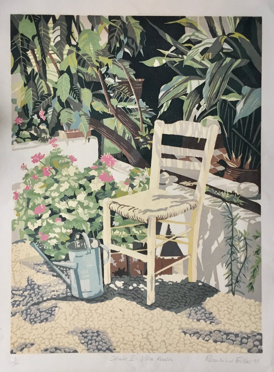 Botanical Linocut By Rosalind Forster, 16 X 21", Chair Villa Koula, Original Artwork