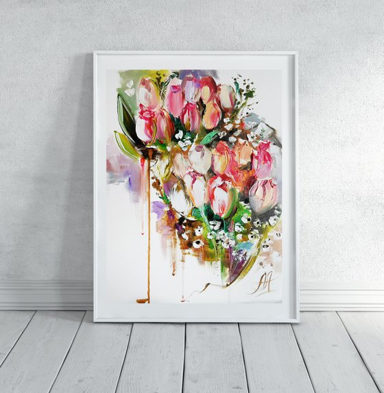 Spring flowers painting, Original artwork, Heart painting
