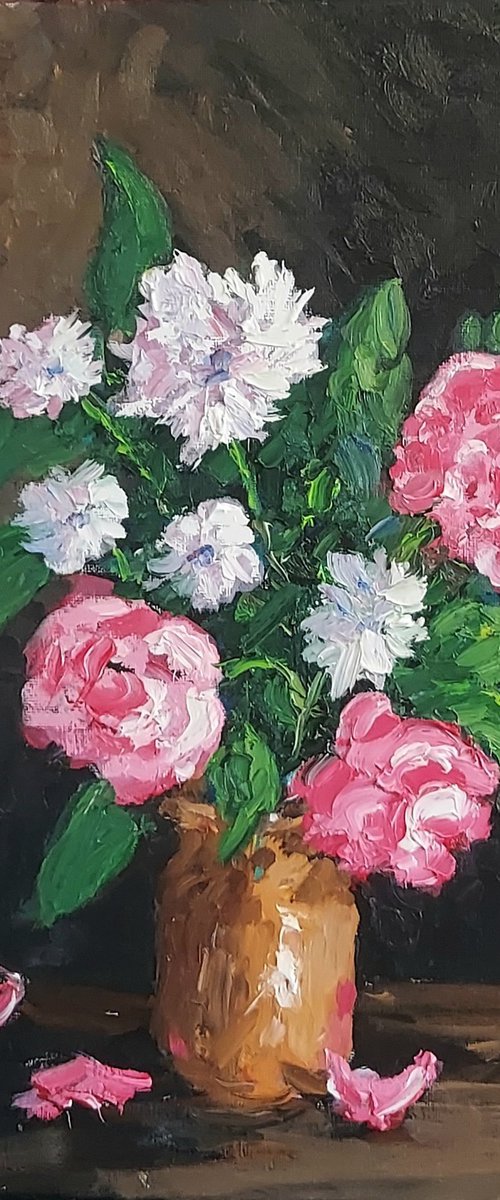 pink and white flowers in earthenware jug by Colin Ross Jack