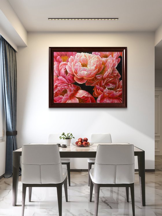 Red peonies on dark background