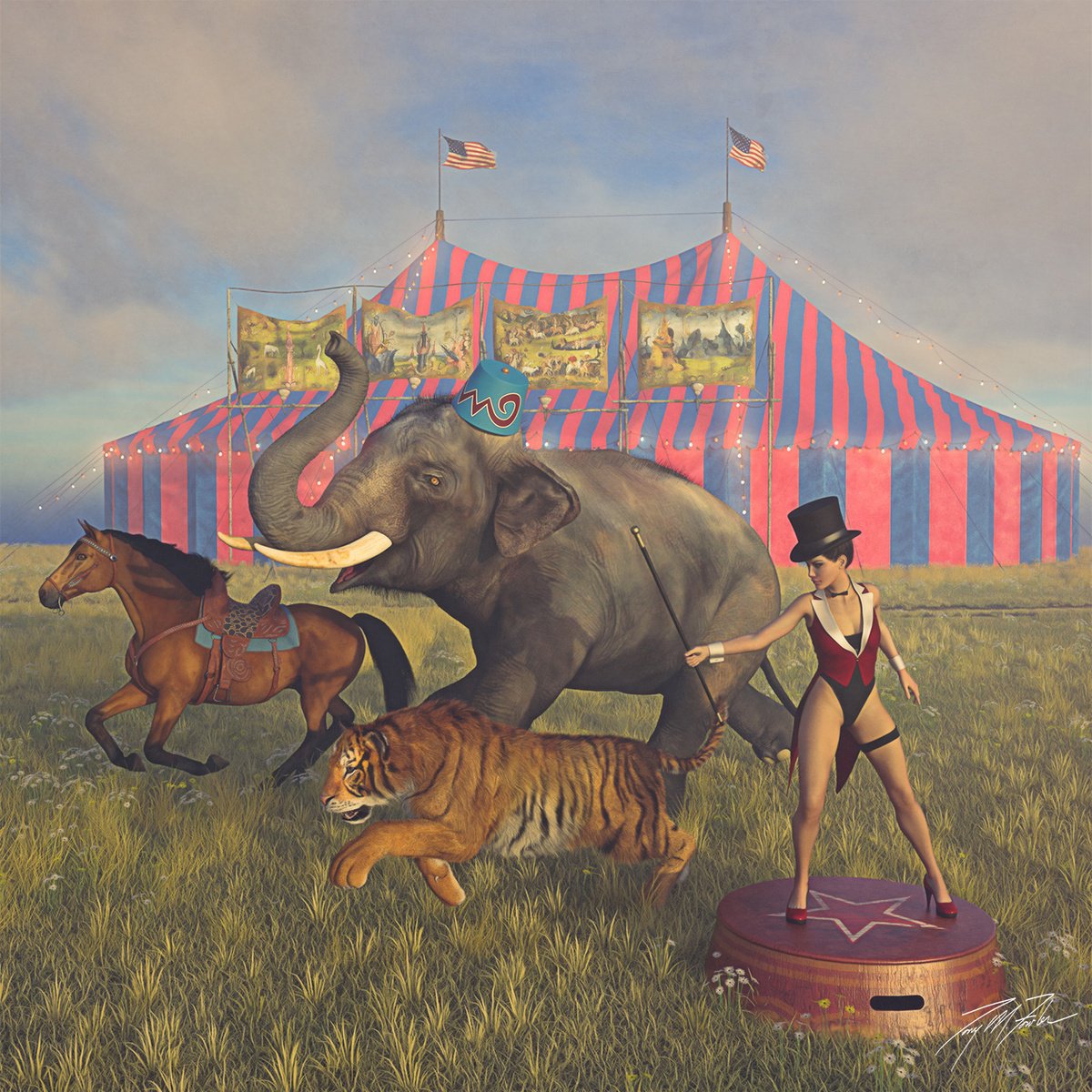 Surrealistic Animal Giclee Print By Tony Fowler, 29 X 29", Escape From Circus, Original Artwork
