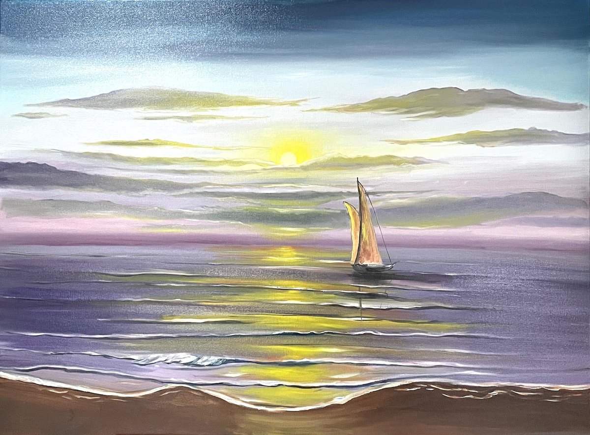 Impressionistic Landscape Oil Painting By Aisha Haider, 40 X 30, Sailing Across The Sunset Waters, Original Artwork