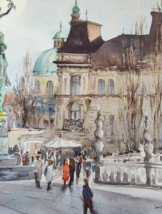 Slovenia Ljubljana original watercolor of Prešeren Square, Mediterranean Europe Impressionistic City Wall art