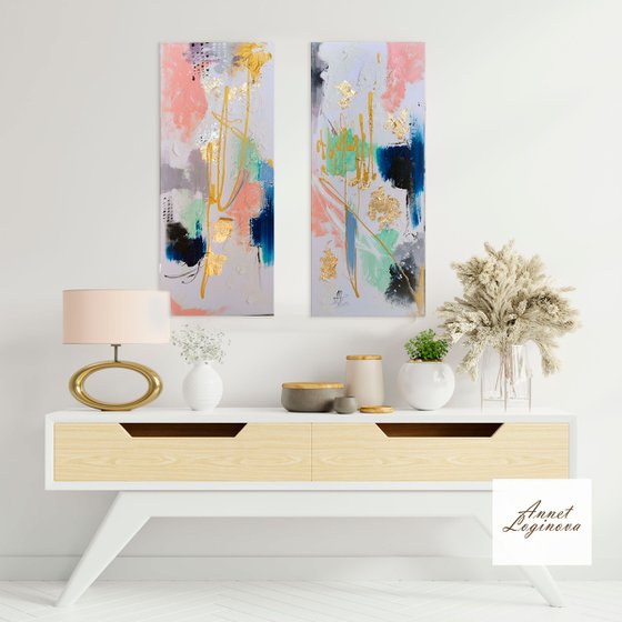 Original Abstract painting, Mint pink painting