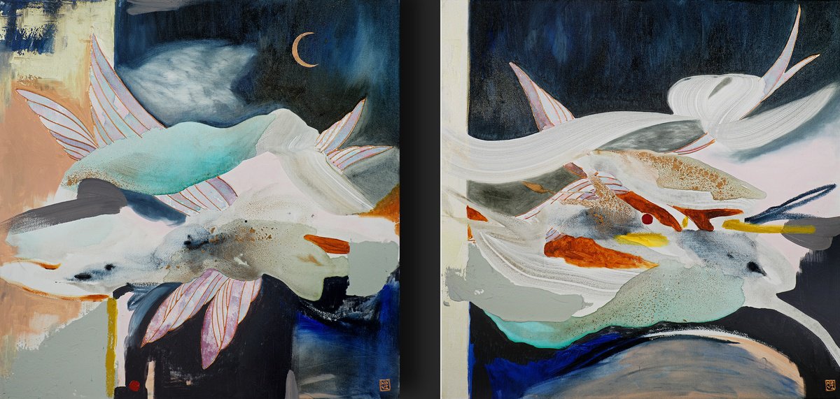 Abstract Acrylic Painting By Novi Lim, 62 X 30", Diaries From Distant Shores, Original Artwork