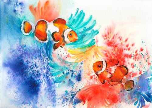 Pair of Clown Fish,  An original watercolour painting by Anjana Cawdell