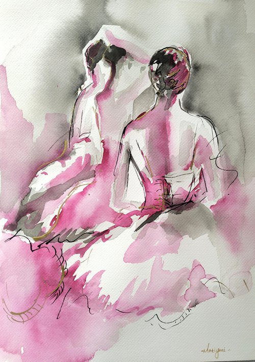 Ballerina Watercolor and ink drawing series-Figurative drawing on paper by Antigoni Tziora