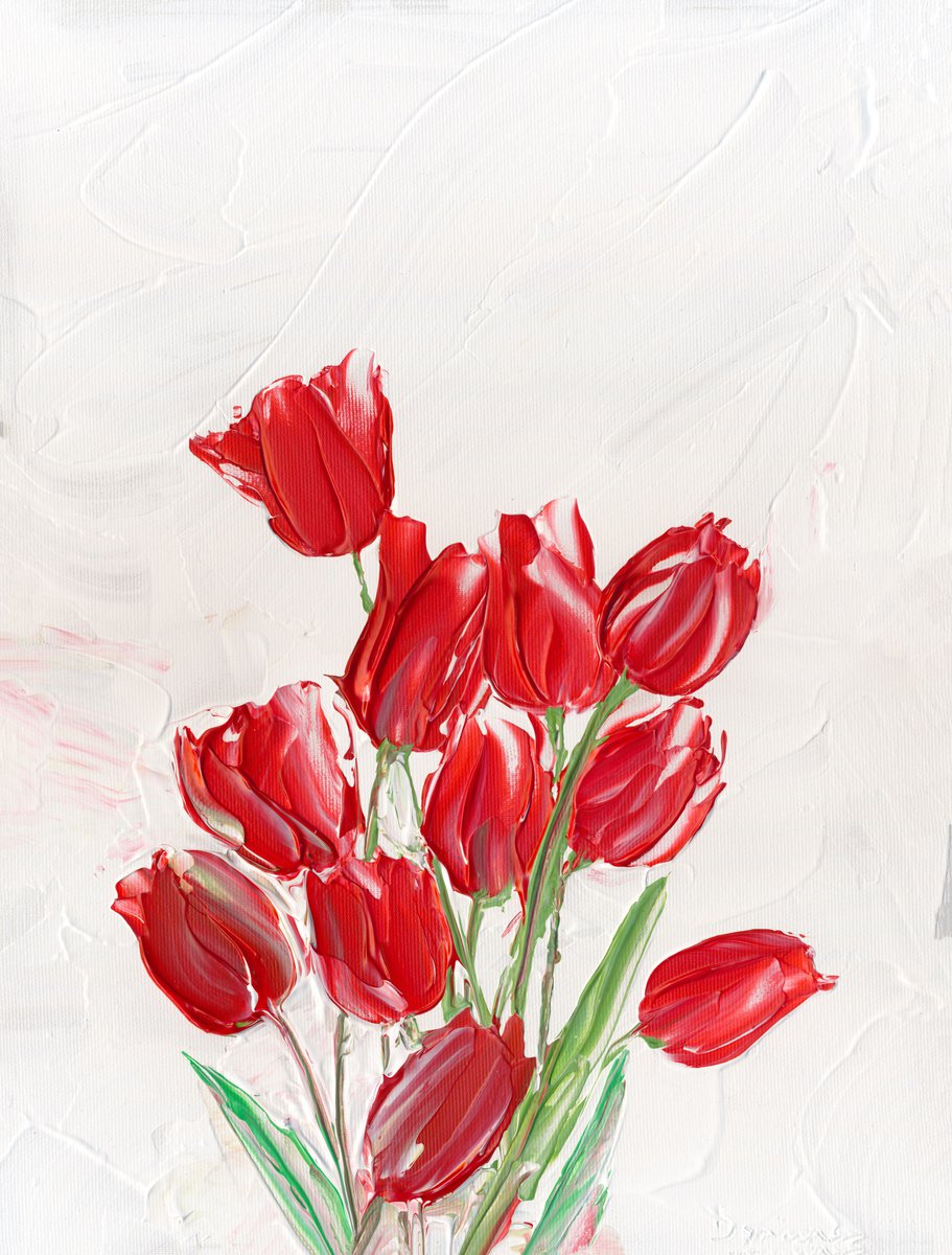 Expressive Botanical Acrylic Painting By Doriana Popa, 12 X 16, Red Tulips, Original Artwork