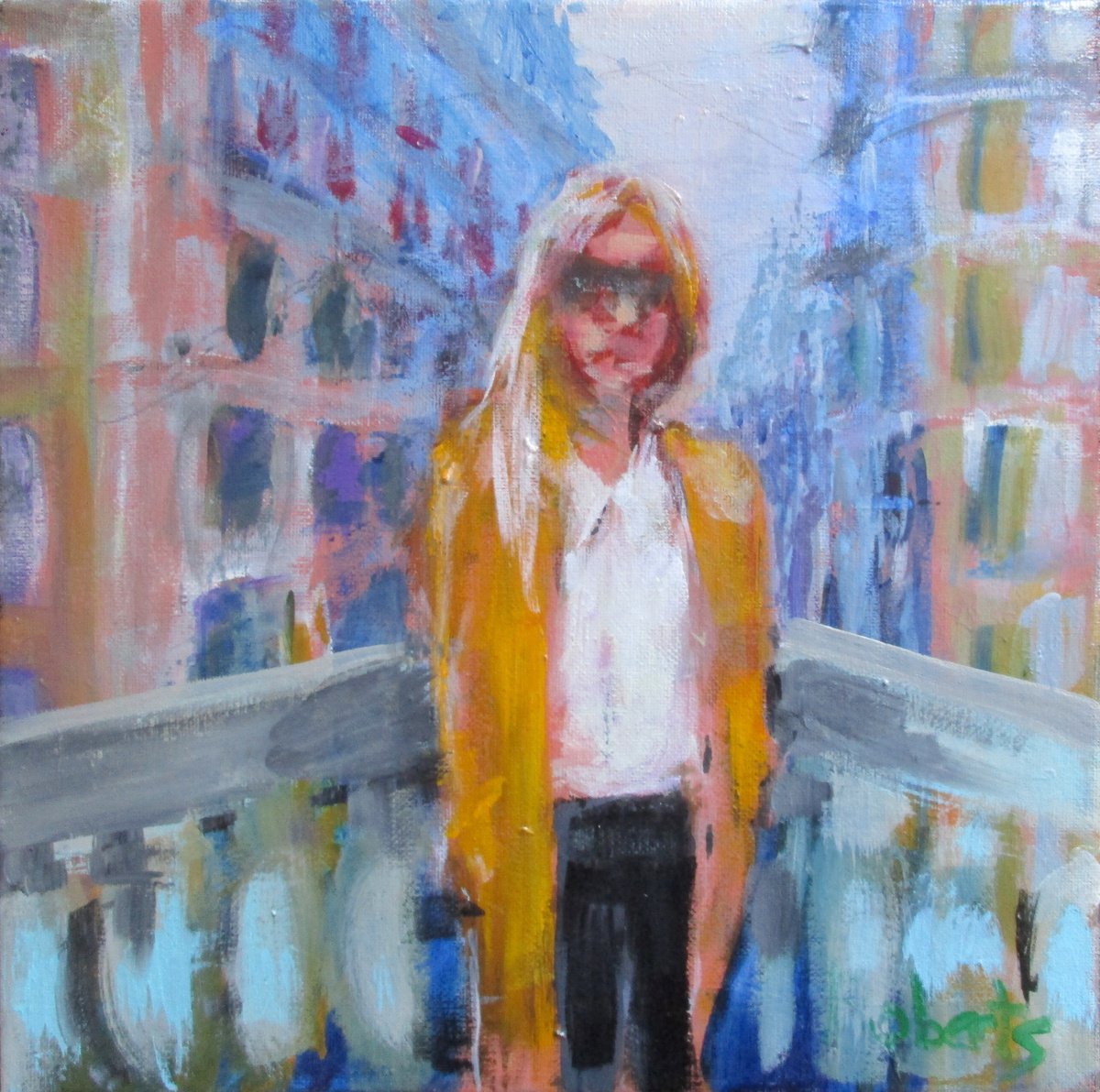 Impressionistic Portrait Acrylic Painting By Rosalind Roberts, 12 X 12", City Girl In Old Town, Original Artwork